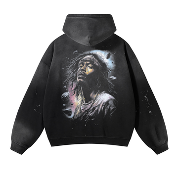 Divine Noir Vintage Wash Frayed Hoodie