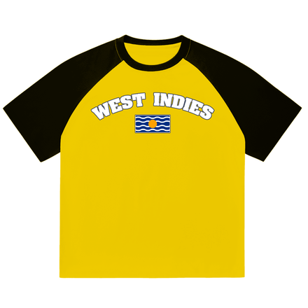 Yellow and black t-shirt with 'West Indies' text and flag on a white background