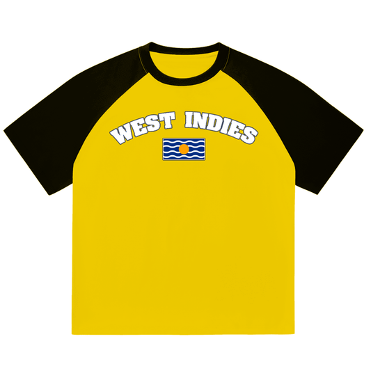 Yellow and black t-shirt with 'West Indies' text and flag on a white background