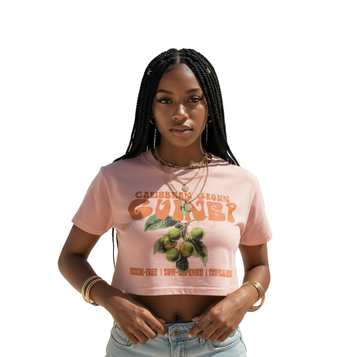 Woman wearing a pink t-shirt with text and graphics on a beach with palm trees and blue sky.