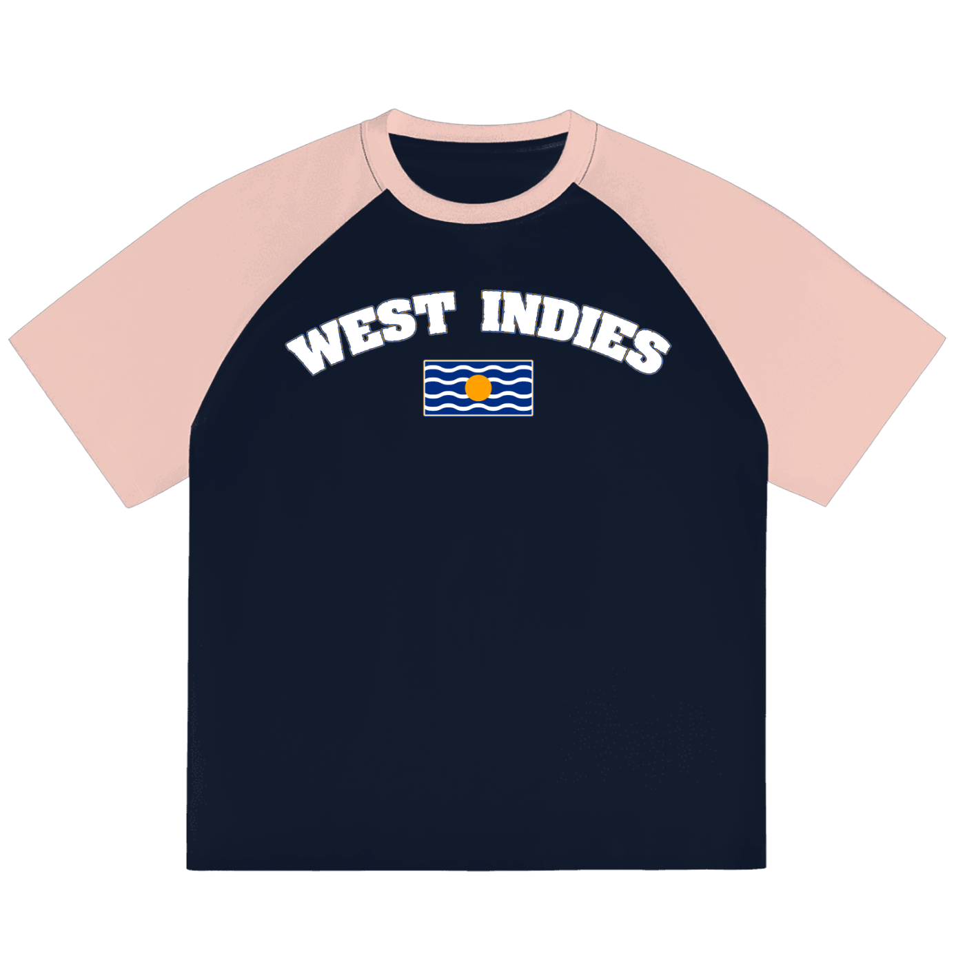 Navy blue t-shirt with pink sleeves featuring 'West Indies' text and flag on a white background